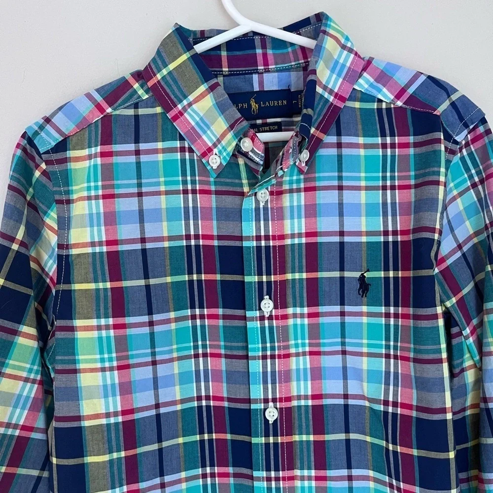 Ralph Lauren Boys Plaid Button Down Shirt in Blue and Pink